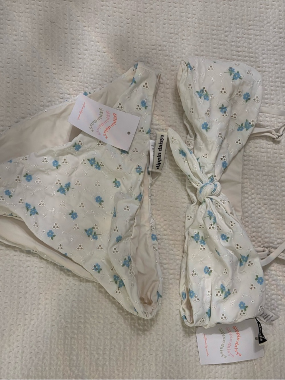 Dippin' Daisy's White eyelet Bikini Set with Blue Floral Accents